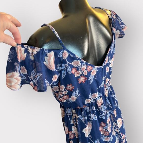 Miami NWOT Floral Cold Shoulder Maxi Dress Womens M Semi Sheer Boho Semi Formal - Picture 3 of 11